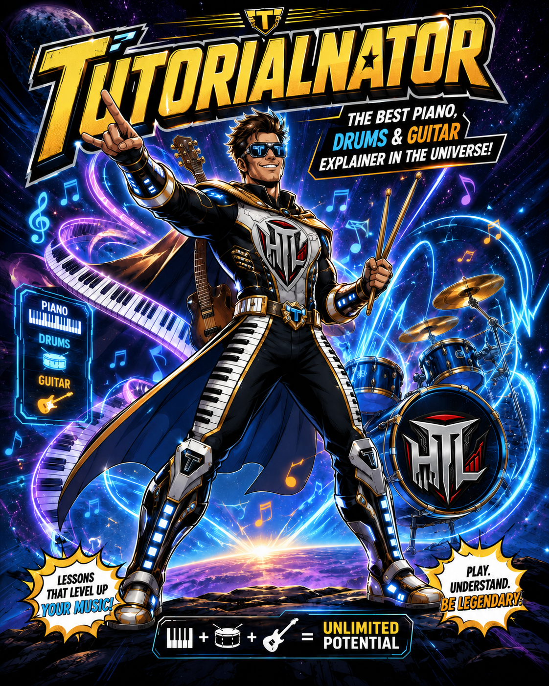 Tutorialnator Comic Actionheld mit Klavier, Drums und Gitarre